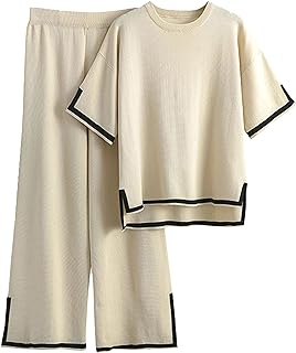 Sweater Sets Women 2 Piece Lounge Sets Short Sleeve Knit Pullover Tops Wide Leg Pants