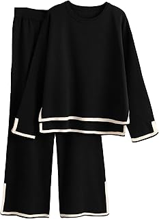 Women's 2 Piece Outfits Long Sleeve Knit Sweater Top Wide Leg Pants Lounge Sets Tracksuits