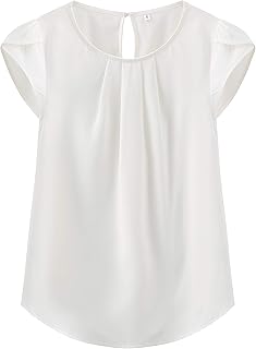 Women's Casual Round Neck Basic Pleated Top Cap Sleeve Curved Keyhole Back Chiffon Blouse