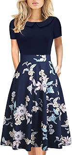 Women's Elegant Vintage Cotton Casual Floral Print Work Party A-Line Swing Dress with Pockets 162