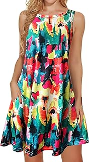 Summer Dresses for Women Beach Floral Tshirt Sundress Sleeveless Pockets Casual Loose Tank Dress