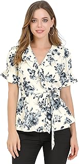 Women's Wrap Peplum Top Blouse Tie Waist Short Sleeve Ruffle Floral V Neck Belted Shirts