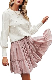 Miessial Women's Fall Crew Neck Pullover Sweater Cute Long Puff Sleeve Chunky Knit Sweater Pompom Jumper Top