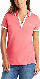 Women's Classic Fit Striped V-Neck Collar Stretch Cotton Polo Shirt