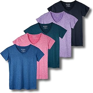 5-Pack Women's Short Sleeve V-Neck Activewear T-Shirt Dry-Fit Moisture Wicking Perfomance Yoga Top