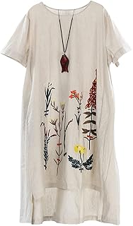 Women's Embroidered Linen Dress Summer A-Line Sundress Hi Low Tunic Clothing