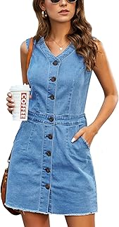 Women Sleeveless V Neck Button Down Frayed Hem Short Denim Dress