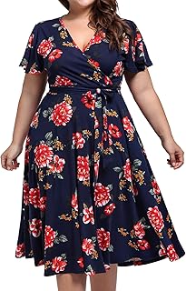 Plus Size Womens V Neck Floral Cocktail Party Midi Dresses with Pocket