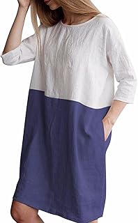 Women's Oversized 3 4 Sleeve Two Tone Colors Loose T Shirt Dress with Pockets