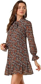Women's Floral Dress Loose Chiffon Ruffle Self Tie Neck Shift Dresses