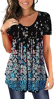 Women's Tunic Tops For Leggings Short Sleeve Shirts Botton Up Casual Ruched Blouses Clothes