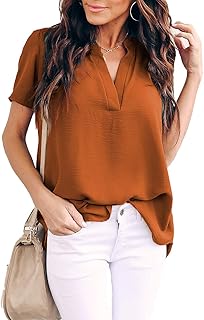 Women Summer Casual Split V Neckline Chiffon Blouses Loose Tunic Short Sleeve Tops