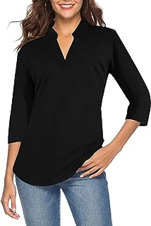 Women's 3/4 Sleeve Floral V Neck Tops Casual Tunic Blouse Loose Shirt 002