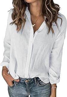 Womens Long Sleeve Button Down Cotton Linen Shirt Blouse Loose Fit Casual V-Neck Tops