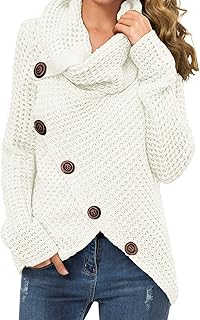 Women's Solid Color Chunky Button Pullover Sweater Turtle Cowl Neck Asymmetric Hem Knit Sweater