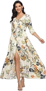 Women's Floral Maxi Dresses with Sleeves Flowy Boho Beach Dress