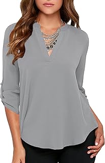 Women's Chiffon V-Neck Business Casual Blouse Work Tops with Cuffed Sleeves