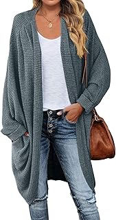 Women's Waffle Knit Batwing Long Sleeve Cardigan Loose Open Front Sweater Coat