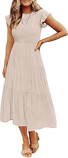 Women's 2023 Summer Casual Flutter Short Sleeve Crew Neck Smocked Elastic Waist Tiered Midi Dress