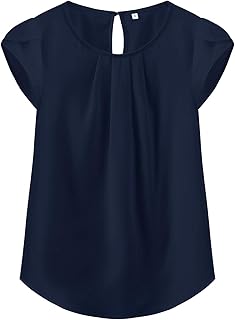 Women's Casual Round Neck Basic Pleated Top Cap Sleeve Curved Keyhole Back Chiffon Blouse