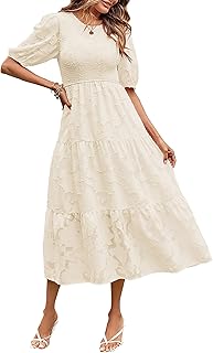 Women's 2023 Summer Puff Sleeve Smocked Floral Dress Crewneck Lace Flowy Tiered Midi Dresses