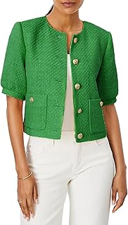Women's Cropped Short Puff Sleeve Tweed Jacket Spring Summer Office Work Business Blazer Coat