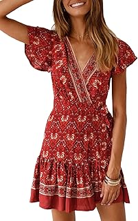 Women's 2024 Summer Wrap V Neck Bohemian Floral Print Ruffle Swing A Line Beach Mini Dress