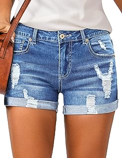 Women's High Waisted Rolled Hem Distressed Jeans Ripped Denim Shorts