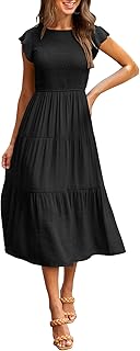 Women's Flutter Short Sleeve Smocked Midi Dress Summer Casual Tiered A-Line Dress