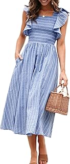Women's Striped Linen Long Dress Elegant Ruffle Cap Sleeves Midi Dress