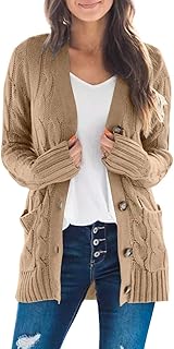 Women's 2023 Fall Long Sleeve Cable Knit Sweater Open Front Cardigan Button Loose Outerwear