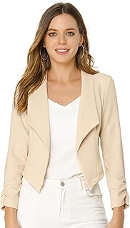 Women's Notched Lapel Ruched Sleeve Jackets Business Crop Blazer