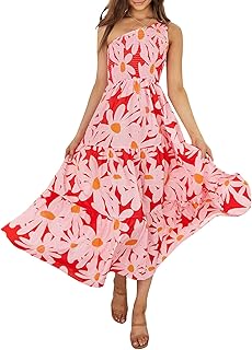 Women's Bohemian Summer Floral Print One Shoulder Sleeveless Smocked Ruffle Tiered Beach Long Midi Dress