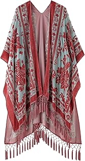 Women's Burnout Velvet Kimono Long Cardigan Cover Up Without Tassel