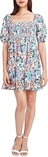 Women's Fit and Flare Short Puff Sleeve Smocked Mini Dress