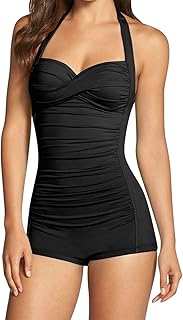 Women's One Piece Tummy Control Swimwear Boyleg Ruched Swimsuit