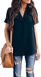 Women Summer Casual Split V Neckline Chiffon Blouses Loose Tunic Short Sleeve Tops