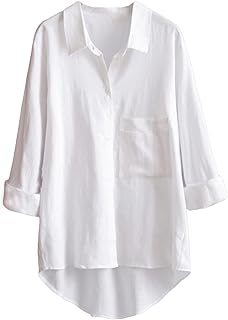 Women's Long Sleeve Shirts Button Down Blouse Cotton Tunic High Low Tops