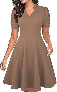 Womens Summer Short Puff Sleeve Casual Semi-Formal Fit and Flare Church Wedding Guest Work Dresses with Pockets