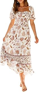 Women's Summer Boho Floral Print Square Neck Ruffle Swing Beach Long Maxi Dress