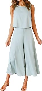 Women's Summer 2 Piece Outfits Round Neck Crop Basic Top Cropped Wide Leg Pants Set Jumpsuits