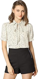 Women's Polka Dot Short Sleeve Bow Tie Peter Pan Collar Chiffon Blouse