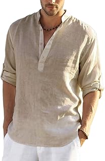 Men's Linen Henley Shirt Long Sleeve Casual Hippie Cotton Beach T Shirts