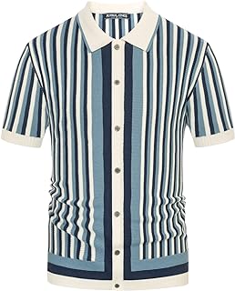 Men's Striped Polo Shirts Breathable Knit Shirt 70s Vintage Shirt Short Sleeve Button Down Clothing