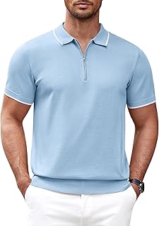 Mens Knit Polo Shirts Short Sleeve Quarter Zip Polo Casual Collar T Shirts Retro Polo Shirt Classic Golf Shirt