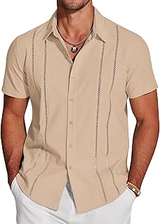 Men's Cuban Guayabera Shirt Short Sleeve Button Down Shirts Casual Summer Beach Linen Shirts