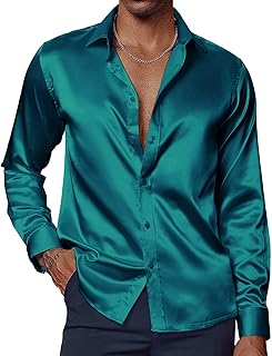 Men's Shiny Satin Dress Shirts Long Sleeve Button Down Silk Shirt with Bow Tie