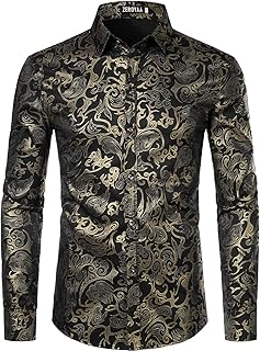 Men's Luxury Gold Prom Design Slim Fit Long Sleeve Button up Party Dress Shirts