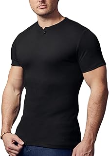 Mens Cotton Muscle Slim Fitted Sport Henley T-Shirt with Button