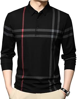 Mens Casual Striped Long Sleeve Collared T Shirt Polo Shirts